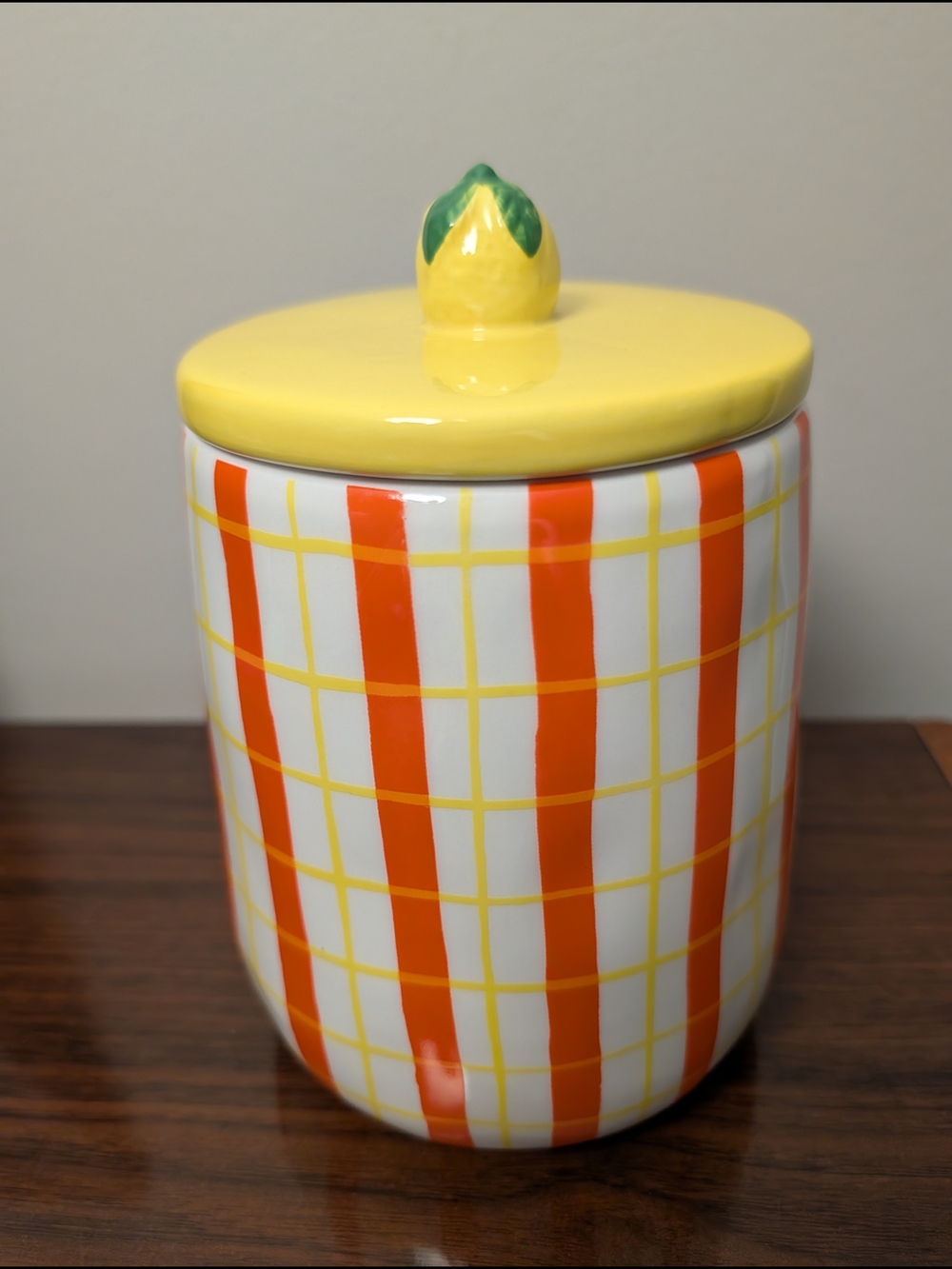 World Market Ceramic Canister with Yellow and Orange Plaid
